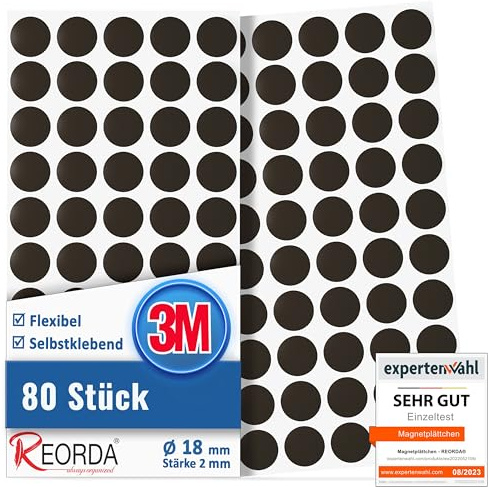 Reorda® Magnetplättchen selbstklebend (80 Kreise) | Starker Marken-Kleber ermöglicht ausgezeichnete Klebekraft | Vielseitige Flache Magnete zum basteln & schneiden | Ideal nutzbar für Schule & Büro