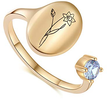 SLOONG Handmade Birth Flower Signet Ring 14K Gold Plated Birth Stone Ring Birthday Gift for Mom Daughter Girlfriend Wife (March-Daffodil)