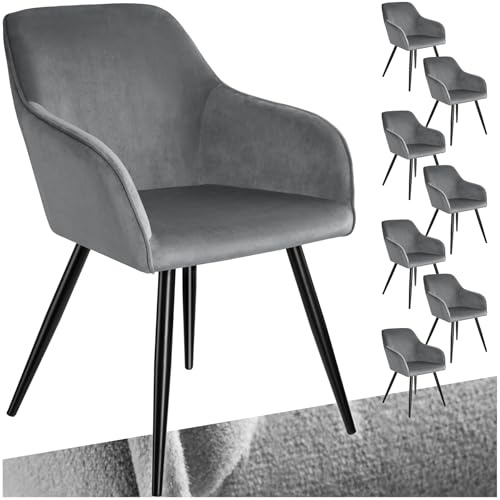 tectake® 8er Set Esszimmer Stuhl, Esszimmerstühle mit Sitzfläche aus Samt, Armlehnstuhl, Sessel Wohnzimmer, gepolsterter Bürostuhl, Schminktisch Stuhl, gemütlicher Küchenstuhl - grau/schwarz