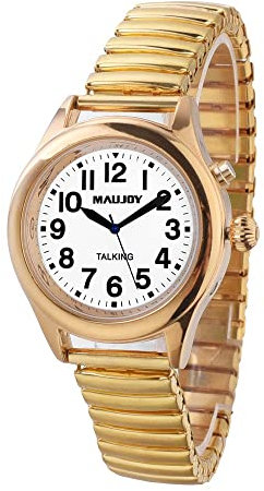 MAUJOY Montre Parlante pour Dames - Accent Français Clair et Fort, Bracelet Extensible en Acier Inoxydable Doré - Adaptée aux Aveugles, Malvoyantes et Âgées
