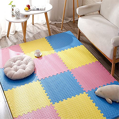 TONGQU Puzzlematte Eva wasserdicht Spielmatte Schaumstoffmatte Kinderteppich Spielteppich, 60cm x 60cm x 1.2cm Baby Kinder Puzzlematte,Pink+Blue+Yellow,9