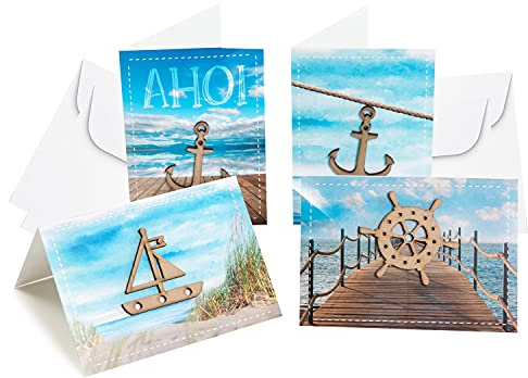 Logbuch-Verlag Set 4 maritime Grußkarten mit Kuvert - Glückwunschkarten Set neutral blanko ohne Text - Geburtstag Hochzeit Einladung