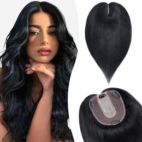 Silk-co Toupet Donna Capelli Veri 10x12cm Silk Base #1 Nero Scuro Extension Clip Remy Human Hair Topper Capelli Naturali 25cm-35g