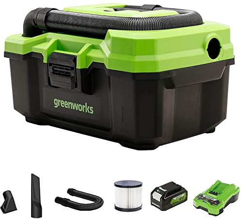 Greenworks tragbarer Akku-Staubsauger G24WDV (Li-Ion 24V 2 Geschwindigkeitsstufen 2-Filtersystem für Nass- und Trockeneinsatz 11 Liter Füllvolumen 62 CFM 7,5 kPa mit 4Ah Akku und ladegerät)