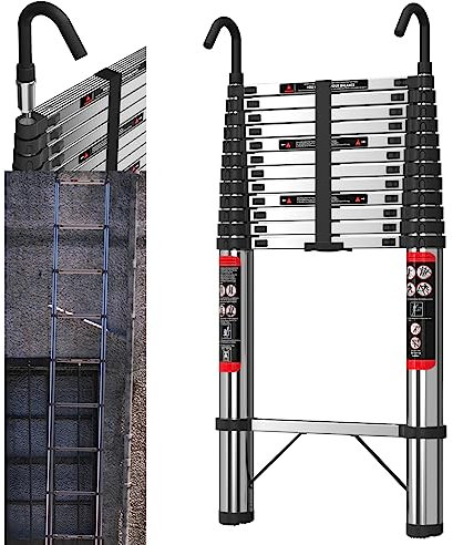Telescopic Ladder with Hook Max Extension Height 5M/16.4FT Stainless Steel Heavy Duty 150kg Capacity Multi Purpose Portable Ladder EN 131 Standard