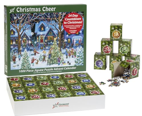 Christmas Cheer Puzzle-Adventskalender 1000 Teile von Vermont Christmas Company – 24 Puzzleteile zum Vervollständigen – Zählen Sie jeden Tag im Dezember bis Weihnachten