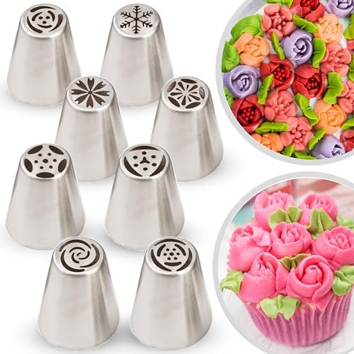 CukkiCakes Ryska spritstyllar i 8 delar, spritspåse med tyllar, spritstyllset, engångspåse stor och liten, tyllar, munkspruta, för cupcakes, tårtdekoration, blommor, krakar, berliner