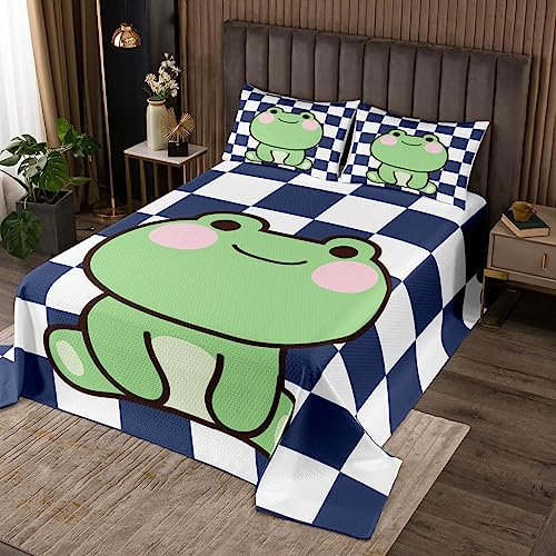 Manfei Kinder Cartoon Frosch Tagesdecke L Größe Nette Tiere Bettwäsche Set Mädchen Jungen Teens Zimmer Dekor Blau Weiß Plaid Patchwork Coverlet Set Die ganze Saison Weiche Quilt Set,2 Kissenbezug
