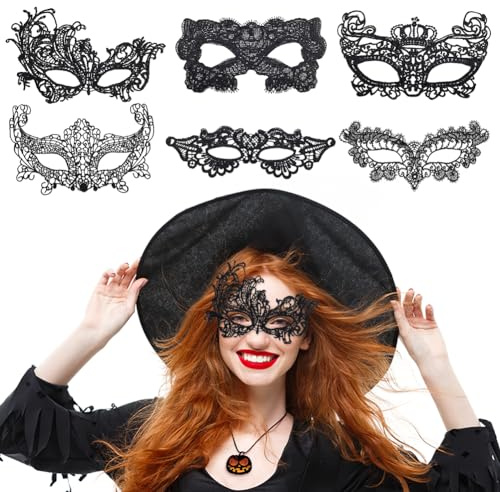 Venezianische Maske Damen, 6 Stück Maskenball Schwarz Spitze Sexy Augenmaske, Gothic Lace Maskerade Catwoman für Halloween Karneval Cosplay Party Kostüm Zubehör