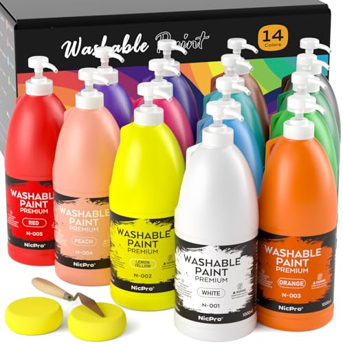 Nicpro 14 Colors Large Washable Paint Set (33.8 oz), Acrylic Bulk Paint Supplies Non Toxic Children Tempera Paint for Art, Craft DIY, Poster & Finger Paint, School, Home,Teacher Classroom Must Haves