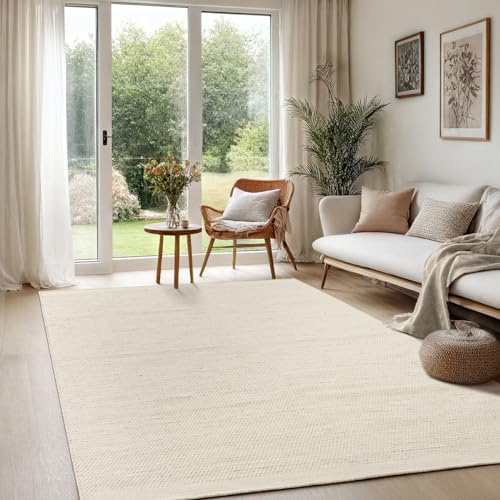 the carpet Deluxe Wool Tapis en Laine tissé à la Main dans Un Style bohème scandinave Naturel, Travail Artisanal pour Un Style Unique, crème Beige, 120 x 170 cm