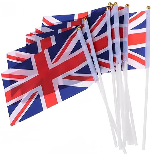 50 Pcs Petit Drapeau Royaume Uni Grande-Bretagne avec Baton Drapeau Britannique Union Jack Stick Tenus à Main Fanions Anglais UK pour Fête Défilés Matchs de Football Sportif Jardin Bar Decoration