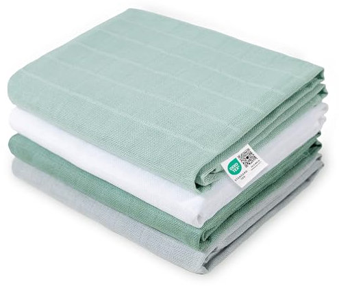 MAKIAN Mullwindeln 4er Pack, 70x70 cm, Oeko-TEX® Standard 100 geprüft, 4 Spucktücher in Premium Qualität - doppelt gewebte Stoffwindeln/Mulltücher - Iceberg Green/Weiß/Mint/Grau