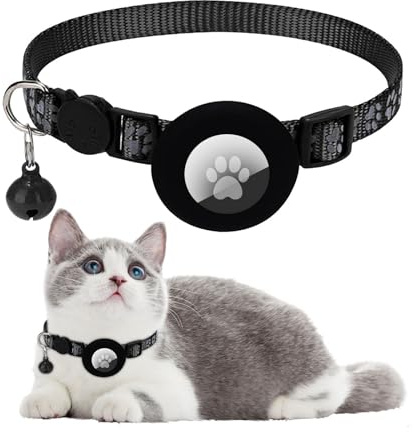 Ledeak Katzenhalsband mit Airtag Hülle, Reflektierend Verstellbar Airtag Halsband Katze, GPS Katzenhalsband mit Sicherheitsverschluss und Glöckchen, Cat Collar für Kätzchen, Katze (Schwarz)