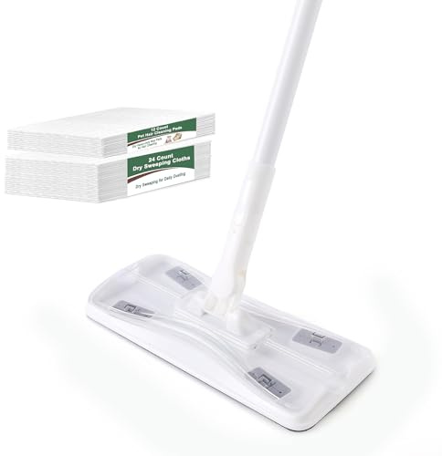 Eyliden Dust Mop, Sweeping & Mopping Kit with 58 Extended Long Handle, 36 Disposable Dry Cloths, Multi Surface Sweeper Mops for Hardwood, Tile, and Vinyl Floor Cleaning, Iron Handle, White