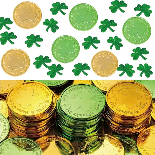 St Patricks Day Table Decorations,50 Pcs St Patricks Day Shamrock Coins and 1 Oz 200 pcs Shamrock Clover Confetti Table Sprinkles for Irish St Patricks Party Decoration Favors Supplies (50)