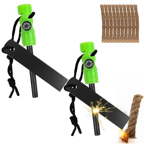 2 Pcs Flint Fire Starter Kit, Survival Fire Steel Premium Ferro Rod with 10 Pcs Fire Starter Hemp Rope, Including Whistle, Compass, Scraper with Scale for Camping Hiking Outdoor(green)