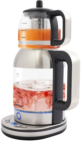 HuKaiL Dubbel vattenkokare, tekokare (2 l stor vattenkokare + 1 l liten tekanna), bärbar varmvattenkokare i glas, justerbar temperatur 40–100 °C för resor, kontor, hotell