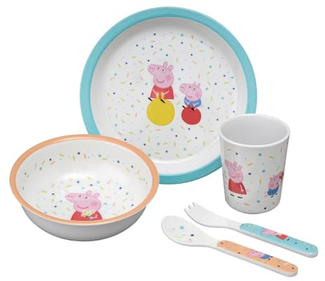 Peppa Pig Ensemble Repas 5 Pièces pour Enfants, Assiette à Rebord, Bol, Timbale et Couverts, 6m+, Mélamine