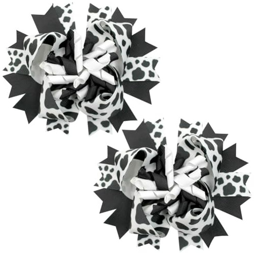 Umibow Lot de 2 pinces à cheveux faites à la main en ruban bouclé imprimé vache Holstein Moo Cow Alligator Barrettes Barnyard Animaux de la ferme Accessoires pour cheveux de fête d'anniversaire (noir