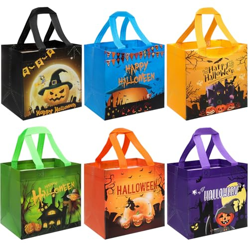 RICEDUO 6 Stück Halloween Geschenktüten Tasche Mit Griffen - Halloween Trick-or-Treat Taschen - Wiederverwendbare Süßigkeiten-Tüten für Kinder & Erwachsene - Partyzubehör Geschenke, 20×20×15 cm