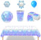 SANYUANHE Vajilla de Fiesta de Copo de Nieve Set,84 Piezas Decoraciones de Cumpleaño de Copo de Nieve,de Platos de Papel,Vasos,Manteles,Globos,Decoración de Fiesta de Navidad de Invierno