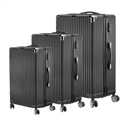 Aneutr Set de 3 Valises de Voyage, Valise Grande Taille, Valise Cabine, Petite, Lot de 3 Valises avec roulettes 360°, Serrure, Coque Rigide ABS, Protection Coins, poignée télescopique (Noir A)