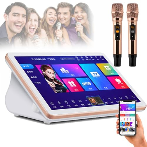Karaoké Portable 18,5 Pouces, écran Tactile Capacitif, 2 Microphones Sans Fil, Double SystèMe Pour Karaoké, Visionnage De Films, Jeux, Application Compatible, Wechat Et Assistant Vocal,White-1T