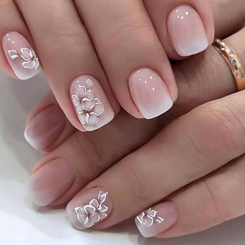 MrCuvaryas Press on Nails - 24Pcs Square Weiße Blumen Kurz, Nails Zum Aufkleben Quadratische, Short Künstliche Fingernägel zum Aufkleben Acryl Full Cover für Frauen Nail Art (Weiß Blumen, 12 Größen)