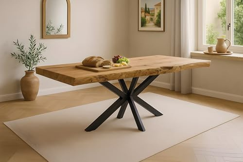 SAM Esstisch Kinan | 300 x 100 cm | Teakholz massiv | echte Baumkante & urwüchsige Struktur | Metallgestell Spider-Form Schwarz | 60 mm Baumkantentisch | Esszimmertisch/Holztisch-Unikat