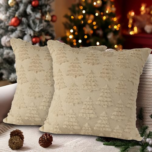 Lanpn 2 Stück Kissenbezug Weihnachten Kissenhülle 60x60 cm, Winterliche Weihnachtsbaum Dekorative Weihnachtskissen für Home Wohnzimmer Schlafzimmer Couch Bett Sofa Dekor Weihnachtsdeko (Beige)