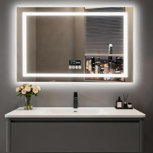 LUVODI Badspiegel mit Beleuchtung Bluetooth: 80x60cm Badezimmerspiegel mit Uhr, Temperatur, Datum, Entfoggen, Dimmbar, 3 Lichtfarben, Speicherfunktion, LED Wandspiegel Wasserdicht