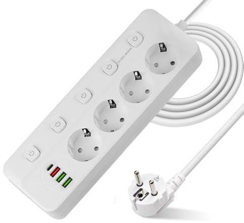 KBIBCK Steckdosenleiste Einzeln Schaltbar, 4 Fach Steckdosenleiste mit USB mit 4 USB, Verteilersteckdose mit Kindersicherung, 2500W 10A Mehrfachsteckdose mit Schalter für Zuhause Büro, 2M Kabel (Weiß)