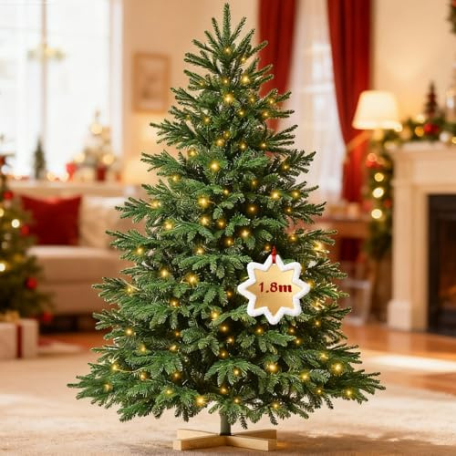 Ferzone 180cm Künstlicher Weihnachtsbaum mit 953 PVC/PE Baum-Spitzen&300 LED Beleuchtung, Grün Großer Tannenbaum mit Holz Ständer, Klapp-Schirmsystem, für Büro Zuhause Geschäft Party