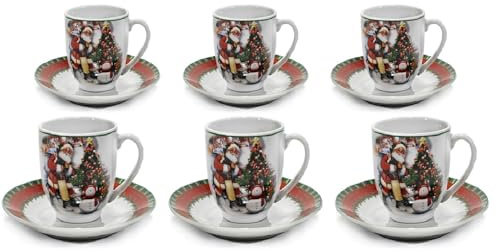Servizio di Tazzine da Caffè con piattino completo per 6 Persone Natalizio Festa in Porcellana albero Babbo Natale e Pupazzo di Neve In Scatola Regalo