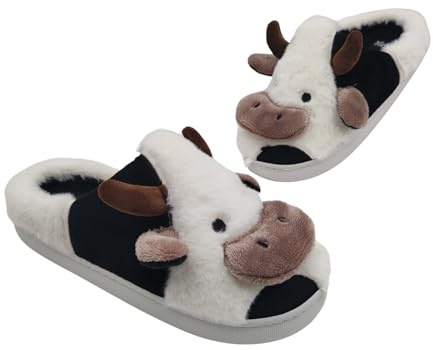 Amix Ciabatte Animali da Donna, Pantofole Invernali Calde e Pelose, Morbide e Simpatiche Babbucce a Mucca (Mucca, 36/37, Sistema Taglie Calzature EU, Adulto, Donna, Numero (range), Media, 36, 37)