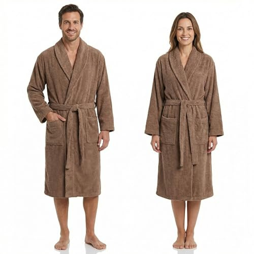 BOSKIMO Albornoz Mujer y Hombre Rizo 100% Algodón, Bata de Baño con Cuello| Espesor 420 g/m² Muy Absorbente, Piscina, Spa | Oeko-Tex Tallas de Pequeño a Extra Grande - Marron