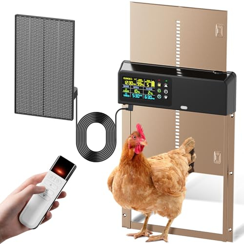 Automatische Hühnerstalltür, solarbetrieben mit Fernbedienung, Timer und Lichtsensor, 4 Modi, Farb-LCD-Display, Aluminium-Hühnertür mit einstellbarer