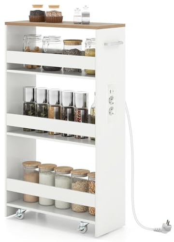 COSTWAY Carrito Auxiliar con Ruedas y Estación de Carga, Carro de Almacenamiento Estrecho de 4 Niveles con Asa y Barandillas, Carro de Servicio para Cocina, Salón (47,5x20x80,5 cm,Blanco+Natural)