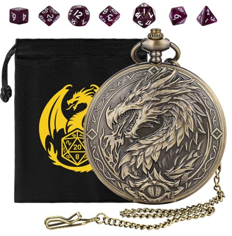 Mini DND kub set, med steampunk drake stort fickur skalfodral, 7-delad polyester akryl D & D kuber, DND presentpåse med draklogotyp, rollspel brädspel tillbehör, brons + lila