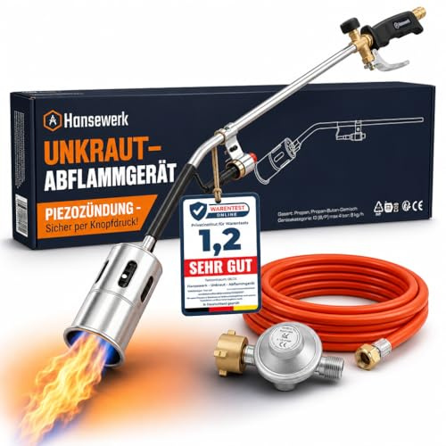 Hansewerk Flameador con encendido piezoeléctrico, incluye regulador de presión y manguera de gas de 5 metros. Quemador de malas hierbas, quemador de gas, quemador de malas hierbas, quemador de gas
