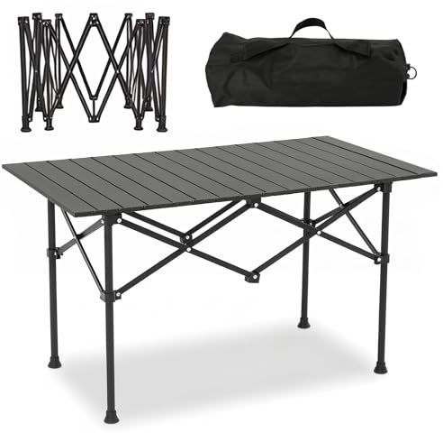 Ruioomeep Campingtisch faltbar Klapptisch, aufrollbare Tischplatte aus Kohlenstoffstahl, tragbar mit Aufbewahrungstasche, Maße 95x56x50 cm für Picknick, Garten, Kochen, Wandern und Reisen(Schwarz)