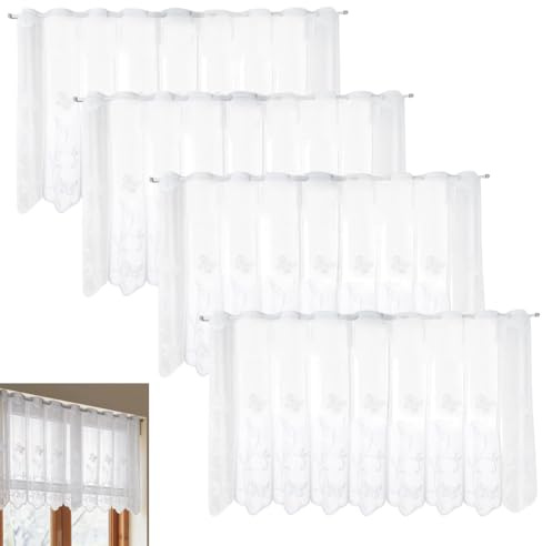 4 Stück Scheibengardinen Modern 130x45cm Bistrogardine Weiß Halbtransparent Bestickt Kurzstores, Kurze Küchengardinen mit Ösen für Küche Wohnzimmer Café Wohnwagen Landhausstil Vintage Dekoration