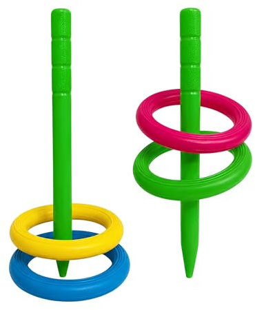 Kegelringwurfspiel für Kinder mit 4 Wurfringen und 2 Pfosten Gartenspiele im Freien Spiel Strandkugeln Park Rasen Sportspiel für Outdoor Geschicklichkeitsspiele