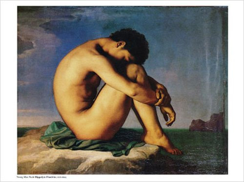 empireposter Flandrin Hippolyte Young Man Nude Kunstdruck Akt Gemälde Erotik nackter Mann sixpack Männer 80x60cm + 2 St Posterleisten Kunststoff 93 cm schwarz