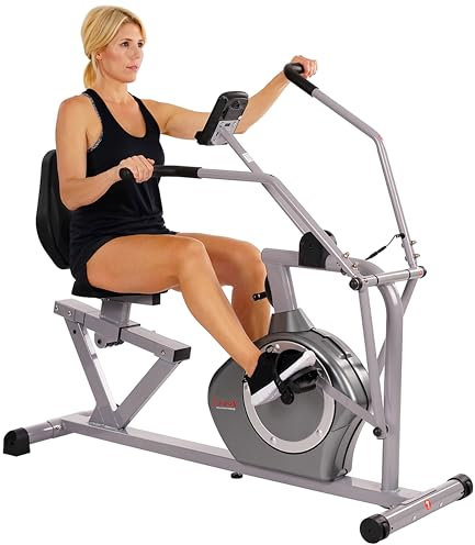 Sunny Health and Fitness Magnetic Recumbent Bike Exercise Bike, 160 KG (350 LB) High Weight Capacity, Cross Training, Arm Exercisers, Monitor, Pulse Rate Monitoring - SF-RB4708