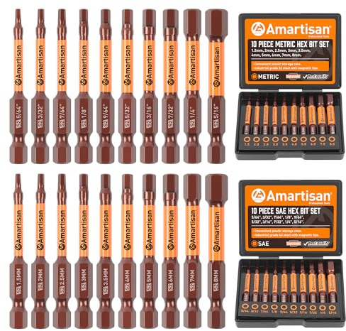 Amartisan 20-Piece Hex Head Allen Wrench Drill Bit Set, Metric and SAE S2 Steel Hex Bits Set, Magnetic Tips, 2.3 Long With Storage box.