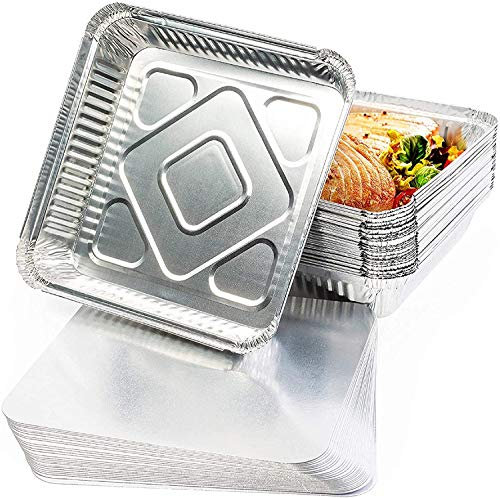 MATANA 25 Aluminium Foil Trays with Lids – 23×23 cm (1300 ml) | Heavy-Duty Roasting & Baking Pans – Sturdy, Disposable or Reusable Food Containers, Oven & Freezer Safe