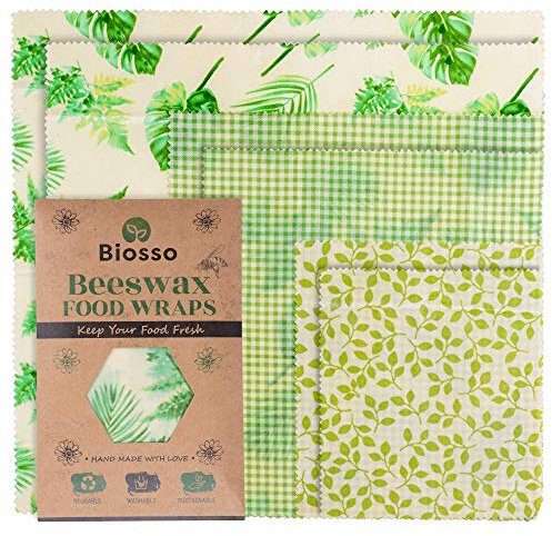 Biosso Premium Bienenwachstücher 6er Set Mehrweg Frischhaltefolie Biologisch abbaubares Wachstuch mit Bienenwachs und Baumwolle Klein mittel groß Nachhaltige Aufbewahrung für Lebensmittel