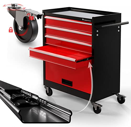 TIMBERTECH® Carrello per Attrezzi - 4 Cassetti + 1 Scomparto Inferiore, con 4 Ruote (2 con Freno), Acciaio - Carrello Portautensili, da Officina, Cassettiera, con Rotelle